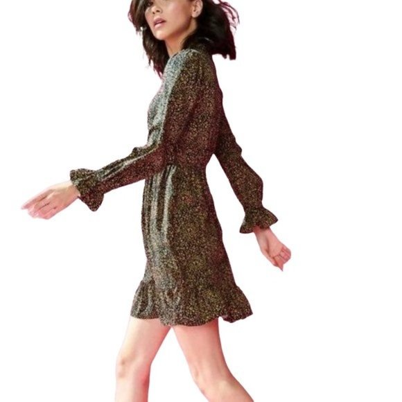 Popsugar Mini Dress Medium Brown Cream Long Sleeve Ruffles Pleated - Picture 1 of 4